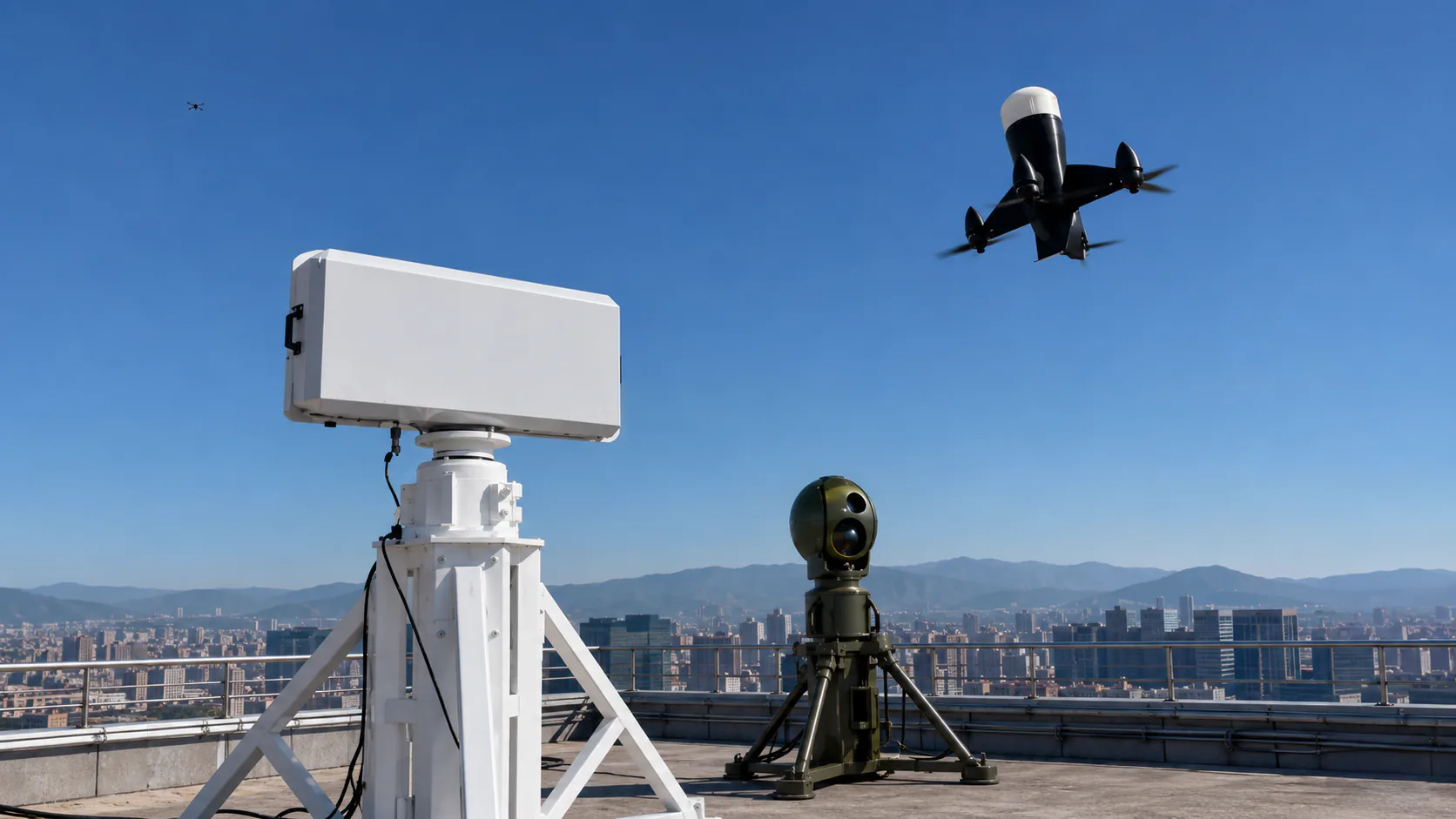 Rooftop radar, electro-optical sensor and airborne interceptor system.