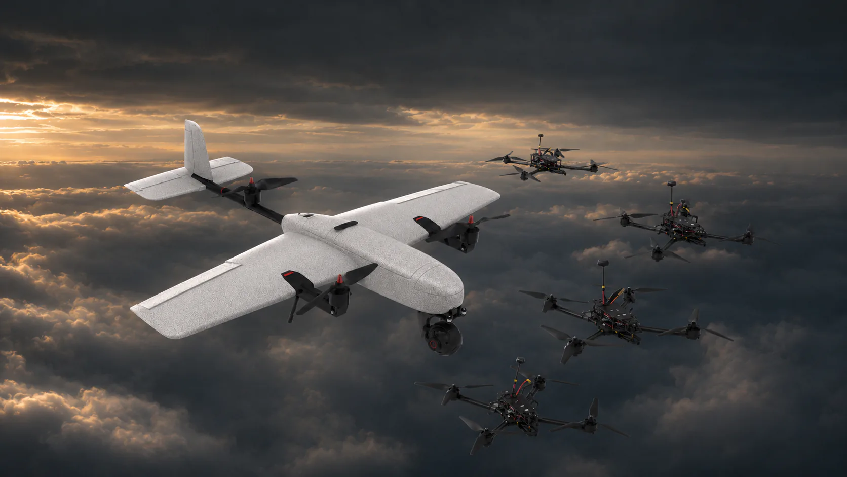 Fixed-wing VTOL aircraft flying with a formation of FPV platforms.